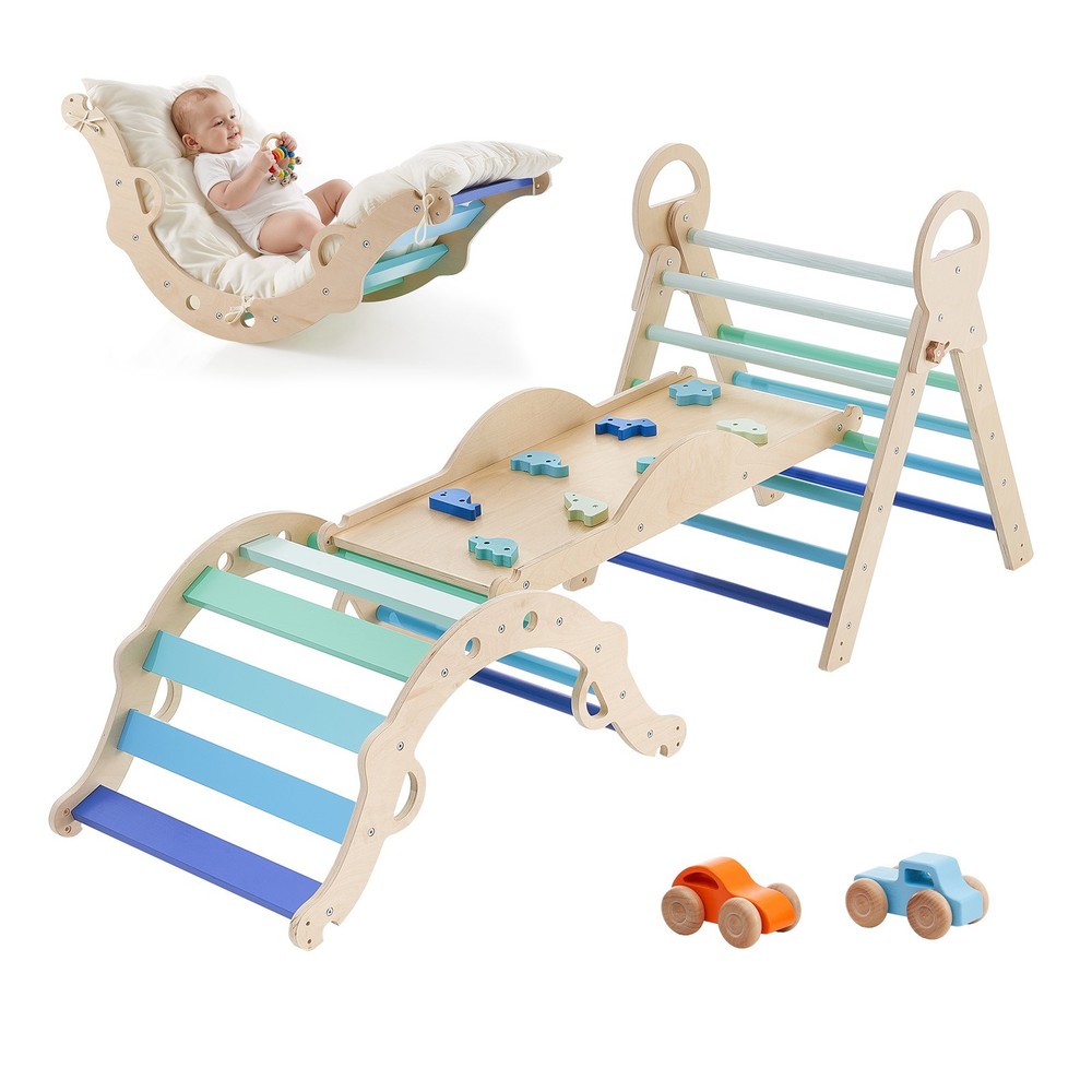Uimoso 9-in-1 Toddler Climbing Set with Wooden Cars – Blue