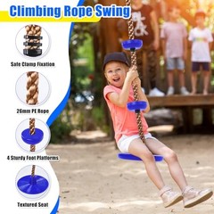 2 Set Gym Ring Trapeze Swing Bar and Climbing Rope with Platforms Disc Blue