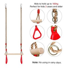 PELLOR Playground Children’s Wooden Trapeze Swing Bar with Plastic Gym Rings …