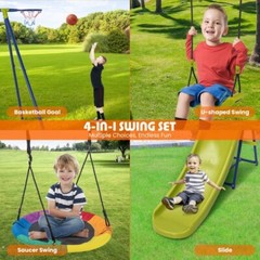 4-in-1 Kids Outdoor Heavy-Duty Metal Playset Swing Set w/Slide & Basketball Hoop