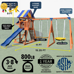 Wooden Swing Set with Saucer Swing Play Fort Bench with Table Sandbox Slide NEW