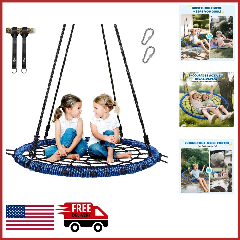Blue Spider Web Swing for Tree with 2 Straps, 40″ Diameter, Easy to Assemble