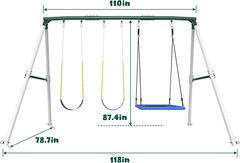 Heavy Duty 7.3Ft Metal Swing Set with 3 Swings for Outdoor Fun