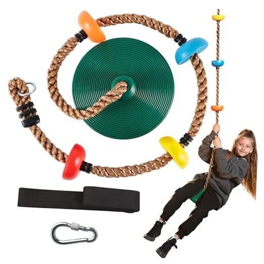 Tree Swing for Kids – Single Disc Seat and Climbing Rope Set w/Carabiner Green