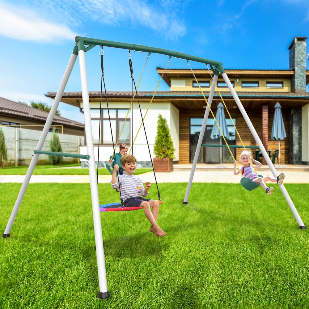 700lbs Heavy Duty 9.5ft Frame Metal Swing Set Kids Adults Backyard with 3 Swings