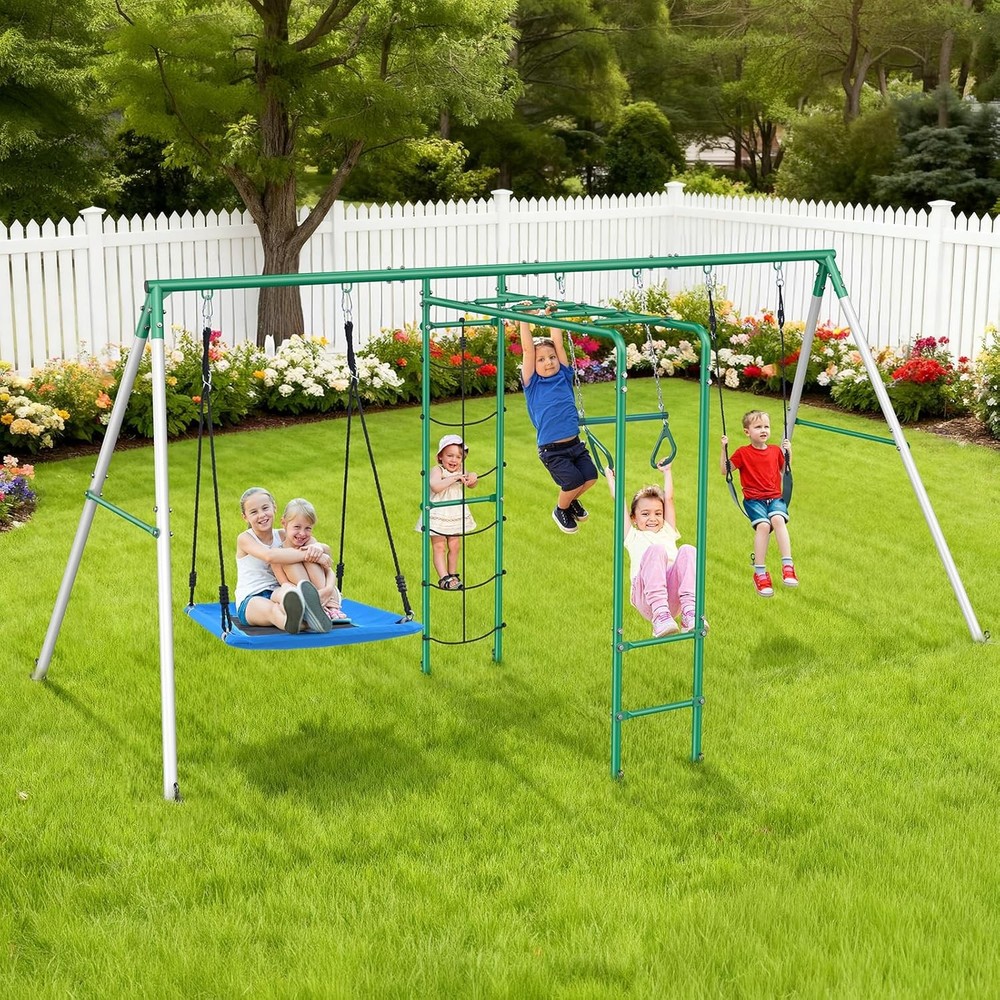 Heavy Duty Metal Swing Set Playground Set for Backyard w/Monkey Bar Climbing Net