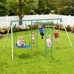 Heavy Duty Metal Swing Set Playground Set for Backyard w/Monkey Bar Climbing Net