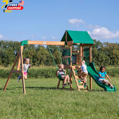 Wood Swing Set with Wave Slide Canopy Roof Outdoor Playset FREE SHIPPING USA ONL