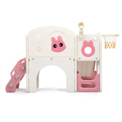 6 in 1 Toddler Slide Playset Climber Playground for Kids w/ Basketball Hoop Pink