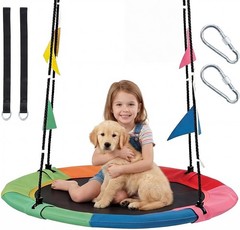40″ Colorful Round Saucer Tree Swing Set with Flag Decor&Adjustable Hanging Rope