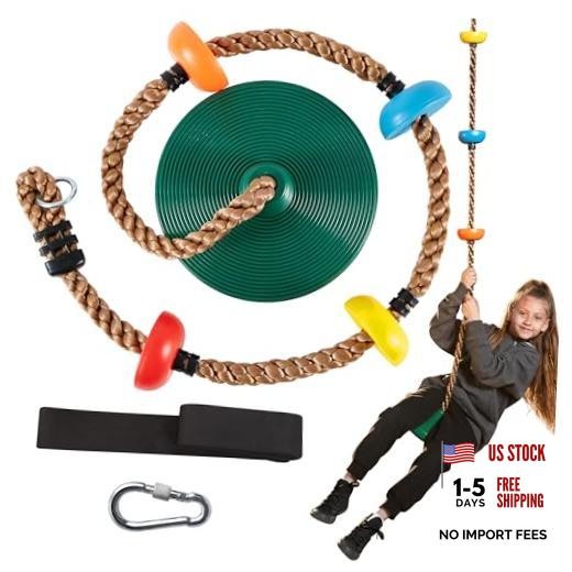 Tree Swing for Kids – Single Disc Seat and Climbing Rope Set w/Carabiner Green