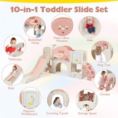 10 in 1 Toddler Slide Set w/Magnetic Whiteboard Telescope Ring Toss for Ages 3+