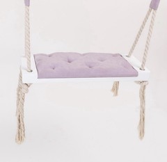Wooden Rope Swing with Tufted Padded Cushion Seat, White/Purple