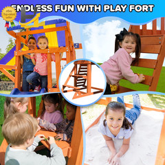 Wooden Swing Set with Saucer Swing Play Fort Bench with Table Sandbox Slide NEW