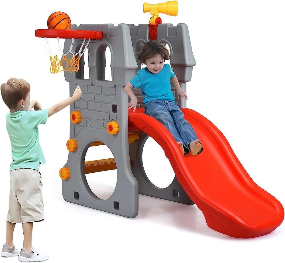 5-in-1 Toddler Slide, Indoor & Outdoor Playground Set with Basketball Hoop, T…