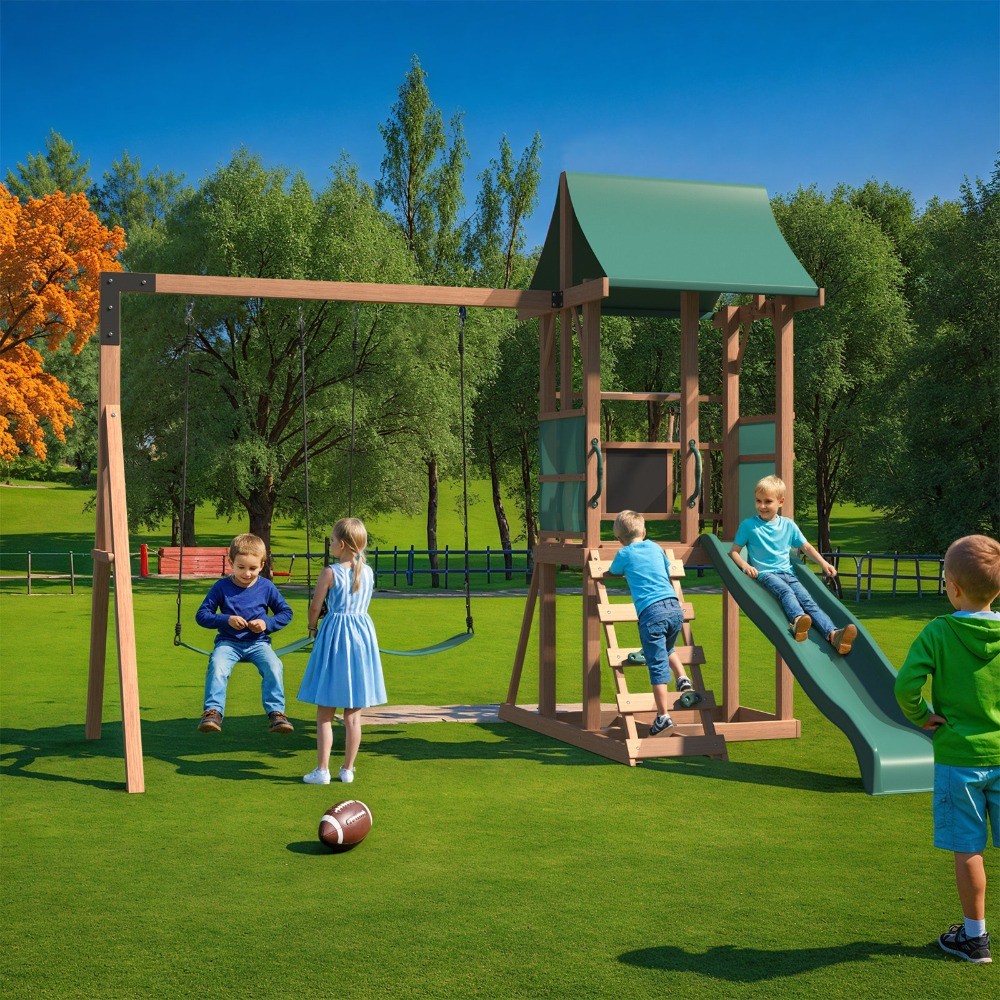 4-in-1 Cedar Swing Set: Slide, Rock Wall & Soft Cushion Swings for Backyard