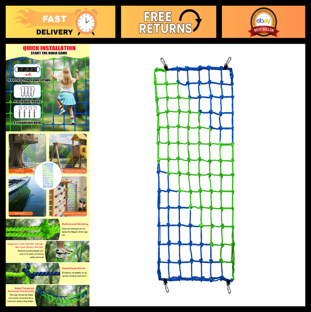 Multi-Colored Climbing Net for Kids – 750 lbs Capacity, 3ft x 6ft, Outdoor Fun!