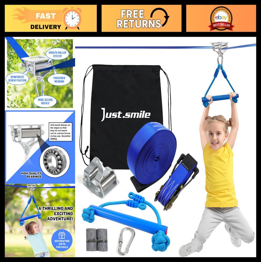 Kids Zipline Kit with 60ft Slackline, Stainless Steel Pulley Slider & Swing Seat