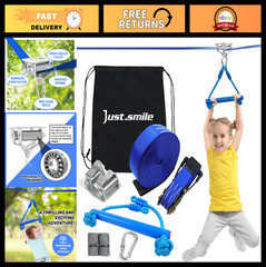 Kids Zipline Kit with 60ft Slackline, Stainless Steel Pulley Slider & Swing Seat