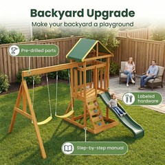 Wooden Swing Set Outdoor Kids Slide Backyard Playground Playset Rock Chalk Wall