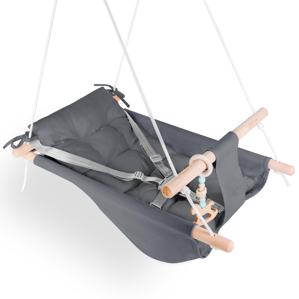 Indoor/Outdoor Baby Swing with Adjustable Harness & Macaroon Toy – Dark Grey