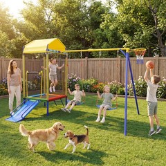 5-in-1 Kids Swing Set w/Trampoline Roof 2 Belt Swings Slide Ladder for Children