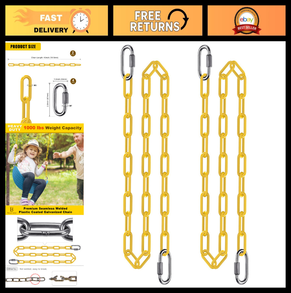 Heavy Duty 80″ Swing Chain Set – 2Pcs Coated with Carabiners & Hooks, 1000Lbs Ca