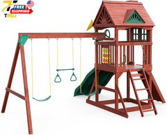 Wooden Swing Set with Wood Roof Two Slides Swings and Climbing Wall Playsets NEW