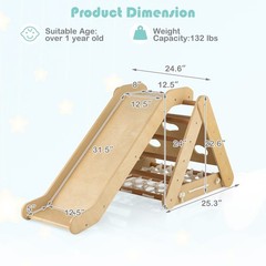 4 in 1 Wooden Climbing Set w/ 3-Side Triangle Climber & Sliding Board Natural
