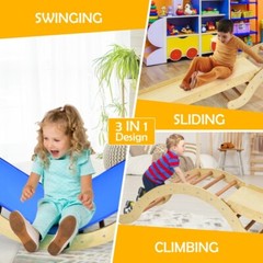3-in-1 Kids Climber Ladder Wooden Arch Rocker board W/ Sliding & Climbing Ramp