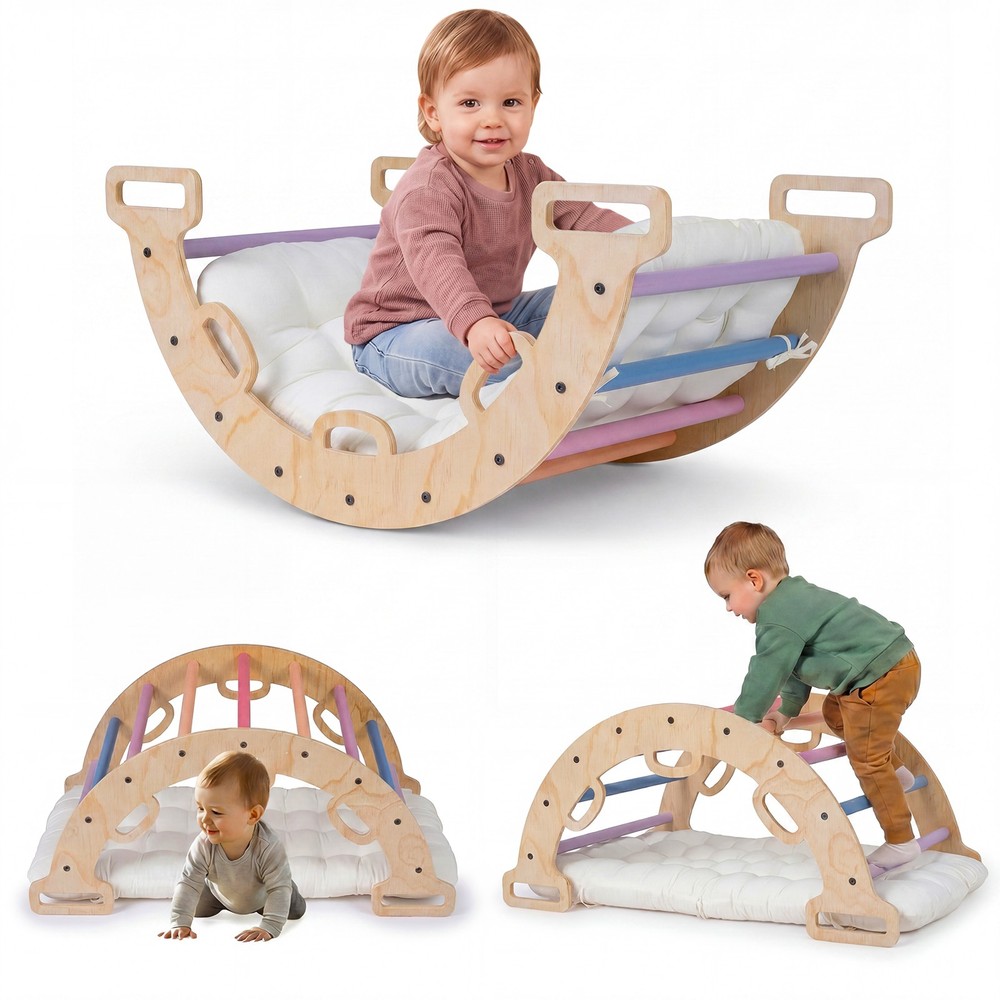 Wooden Rocking Climbing Arch w/Cushion, 3-in-1 Montessori Kids Climber Rocker