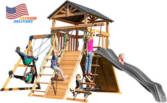 Cedar Wood Swing Set with Wave Slide Play Deck Double Rock Wall Rope Ladder NEW