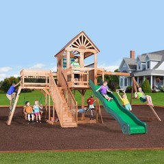 Outdoor Wooden Swing Set Toy Playhouse PlaySet with Slide Stairs All Cedar NEW