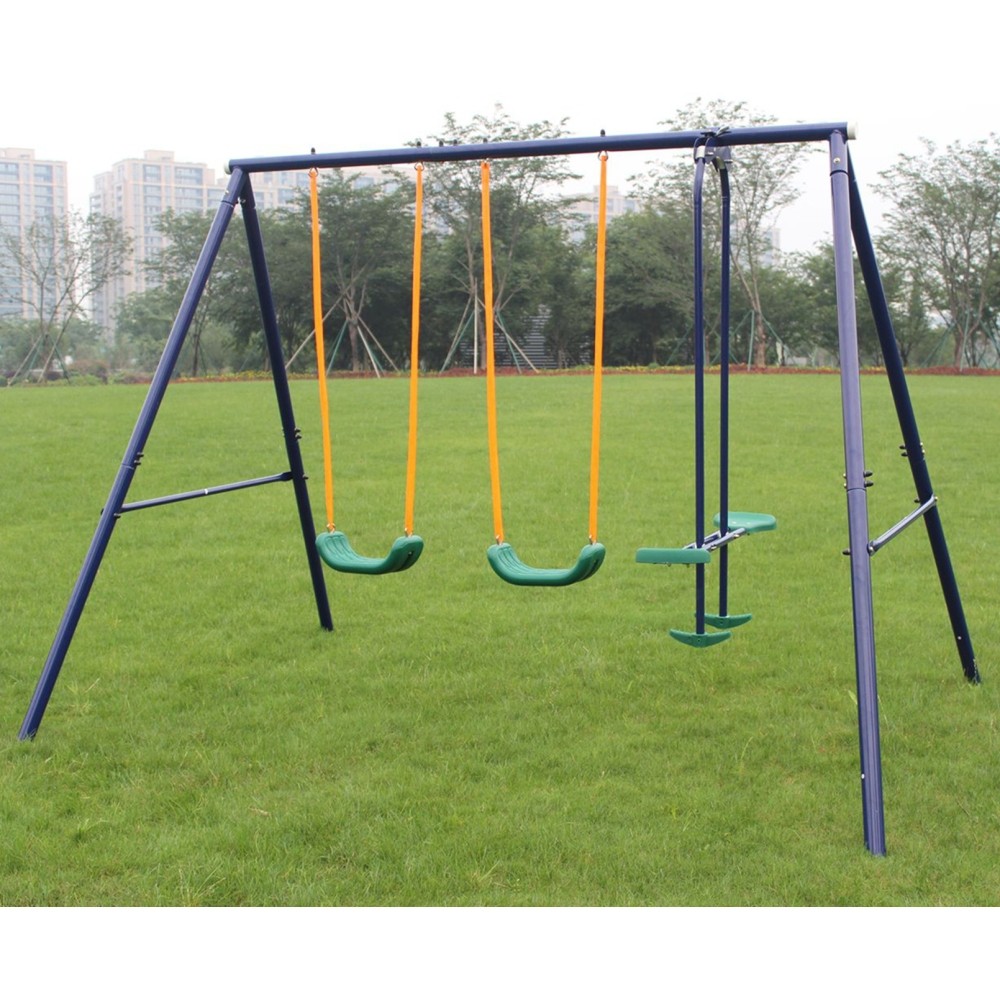 2 in 1 Toddler Swing Set w/ Belt Swing & Glider, Blue, for Backyard Outdoor Play
