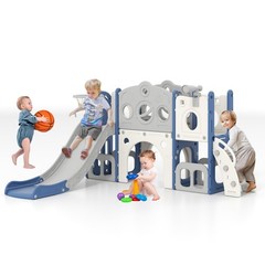 All in 1 Toddler Slide with Basketball & Telescope, Indoor Playset for Age 1-3