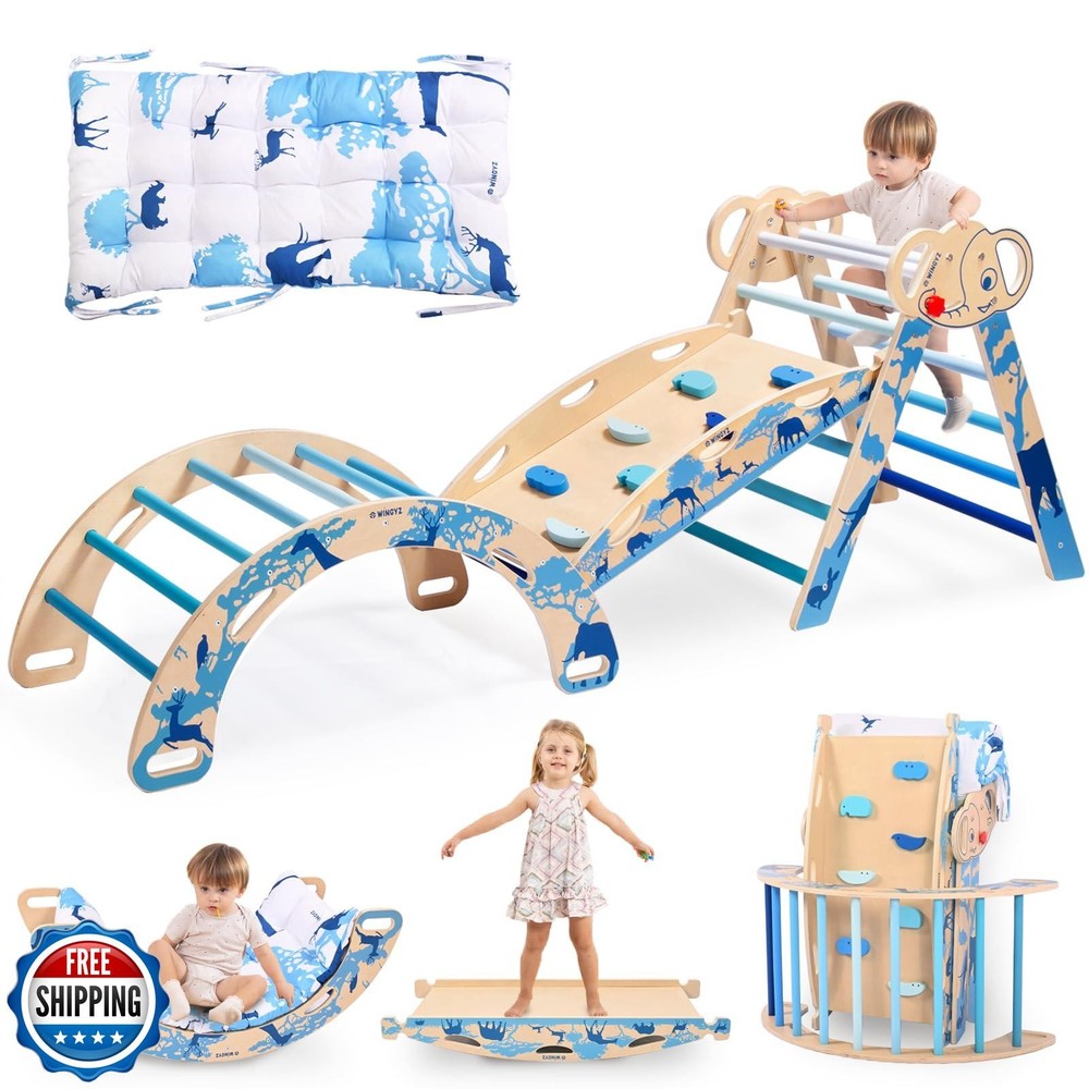 wingyz 8-in-1 Pikler Triangle Set-Wooden Baby Climbing Toys with Cushion,Arch