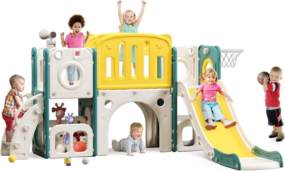 8-in-1 Toddler Climber & Slide Playset with Basketball Hoop for Kids