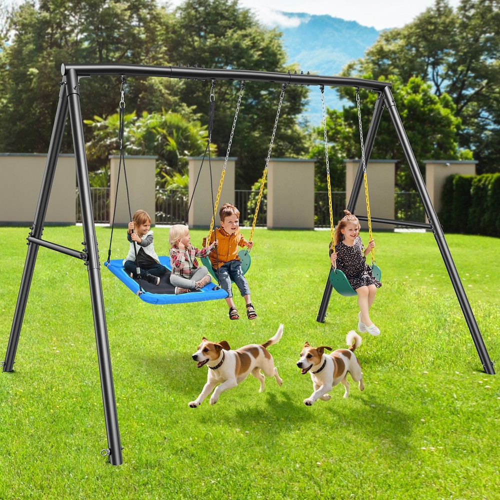 600lb Heavy Duty Large Metal Swing Set for Kids Adult w/3 Swings Outdoor Playset