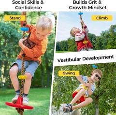 DECORLIFE Tree Swing for Kids Climbing Rope Disc Swing with Platforms Red