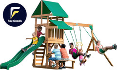 Backyard Discovery Belmont Cedar Wood Swing Set with Wave Slide Play Deck Rock