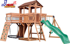 Cedar Wood Swing Set with Wave Slide Raised Wooden Bridge Outdoor Playset NEW