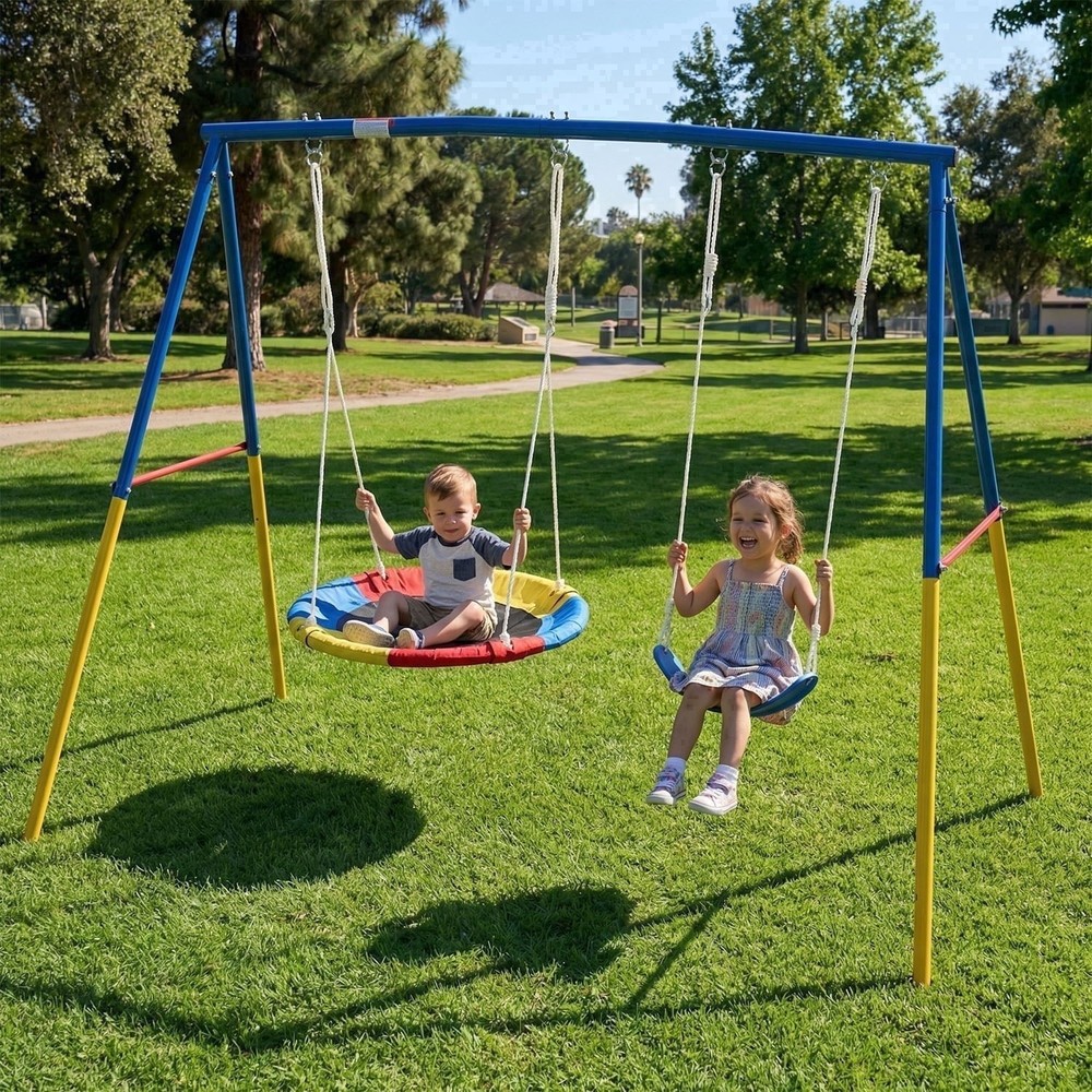 Saucer And Belt Kids Swing Set Outdoor Play Toy For Ages 4-8 Playground Backyard