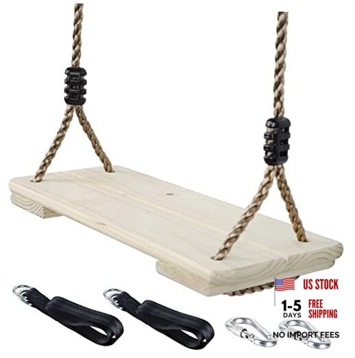 Wooden Swing Seat, Nostalgic Outdoor Wood Swing for Kids , Tree Straps Raw Wood