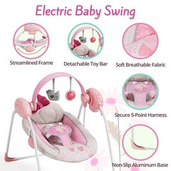 Portable Baby Swing, Pink Electric Infant Swing with 5 Speed Levels, 6 Songs …
