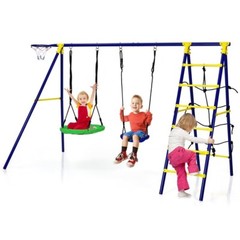 5In1Combo Swing Set Outdoor Kids Swing Set w/A-Shaped Metal Frame & Ground Stake