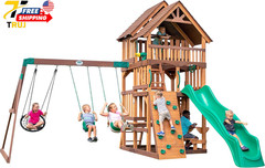 Highlander Cedar Wood Swing Set with Wave Slide Three Story Clubhouse Rock Wall