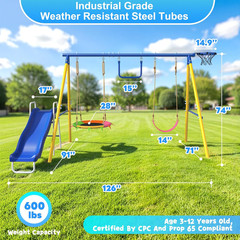 5-in-1 Kids Swing Set with Slide, Saucer, Trapeze & Basketball Hoop
