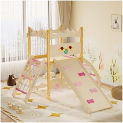 6-in-1 Wooden Play Gym Climber with Slide, Swing, Rock Wall, Rope Ladder Indoor
