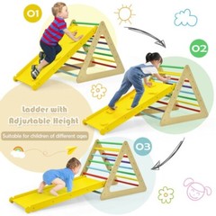 3-in-1 Kid Climbing Ladder Set 2-Triangle Climber W/ Ramp Sliding Wooden Playset