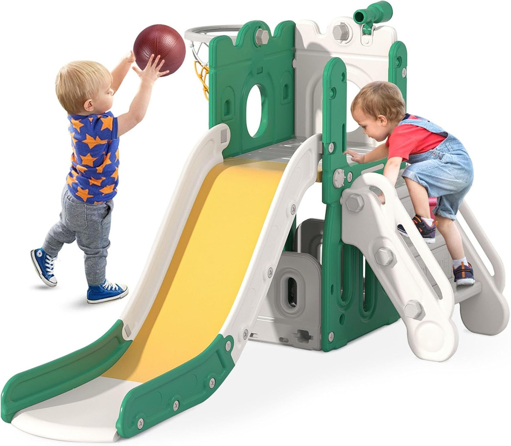 7 in 1 Toddler Slide, L-Shaped Baby Slide for Toddlers Age 1-3 with Basketball H